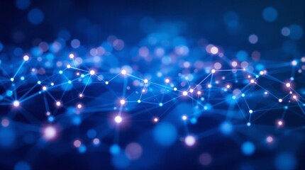 Futuristic Digital Network with Glowing Nodes and Lines on Blue Background