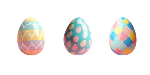 Set of three cute easter painted eggs with colorful pattern on transparent background in Kidcore style