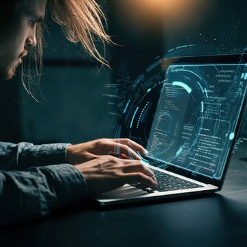 Cybersecurity expert, data streams, holographic displays, futuristic interface, glowing blue lights, digital security, hacker, computer code, dark room, intense focus, high-tech workspace, data visual