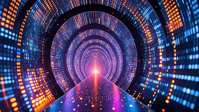 Futuristic Neon Tunnel with Glowing Circular Patterns, Vibrant Lights, and a Vanishing Perspective

