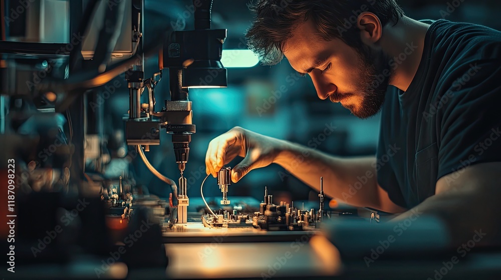 Poster technician carefully assembling electronic components on a circuit board
