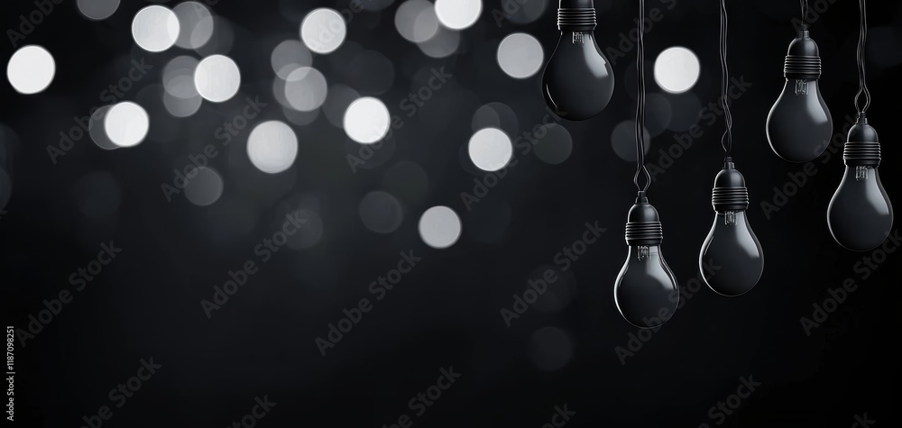 Poster a serene image of hanging light bulbs against a dark background, surrounded by soft, blurred bokeh l