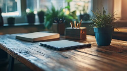 Wooden Desk Workspace With Notebooks Plants And Pencils