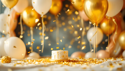 Elegant Gold Celebration: Cake and Balloons in Festive Scene