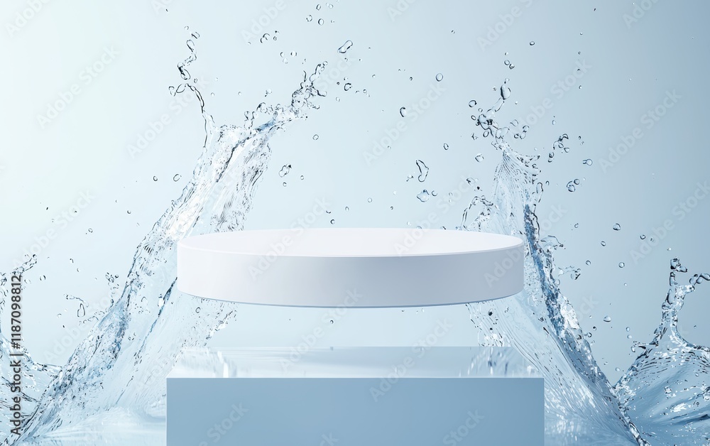 Poster a minimalist scene featuring a floating white circular object surrounded by splashes of water agains