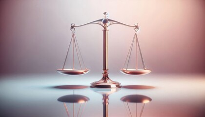Golden scales of justice, balanced, symmetrical, soft lighting, pink and peach gradient background, legal symbol, 3D rendering, metallic texture, conceptual image, law and order, equality, fairness, j