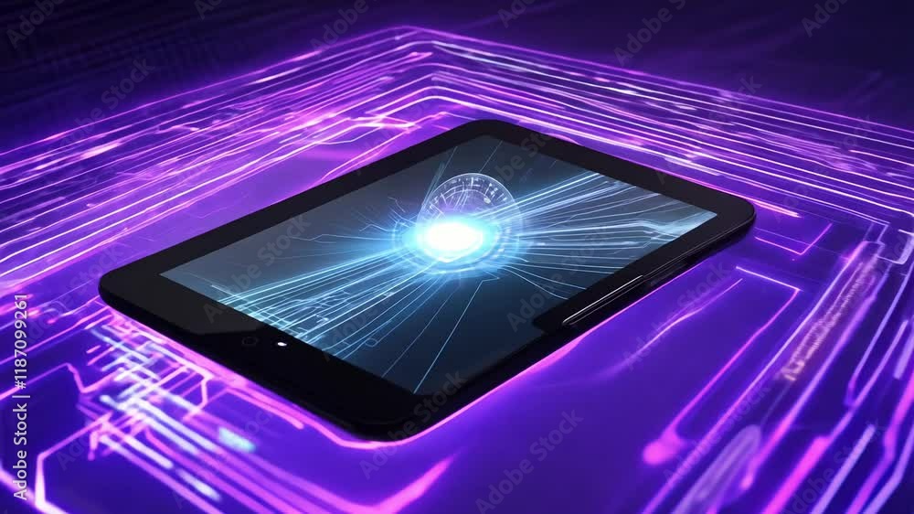 Poster tablet on a table with glowing lines of circuits, digital data connection, communication, high techn