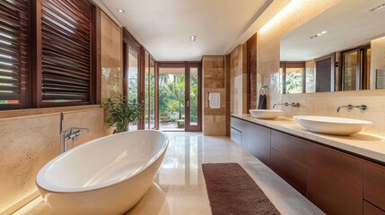 Fototapeta premium Luxurious Bathroom Oasis: Modern Design Meets Tropical Views