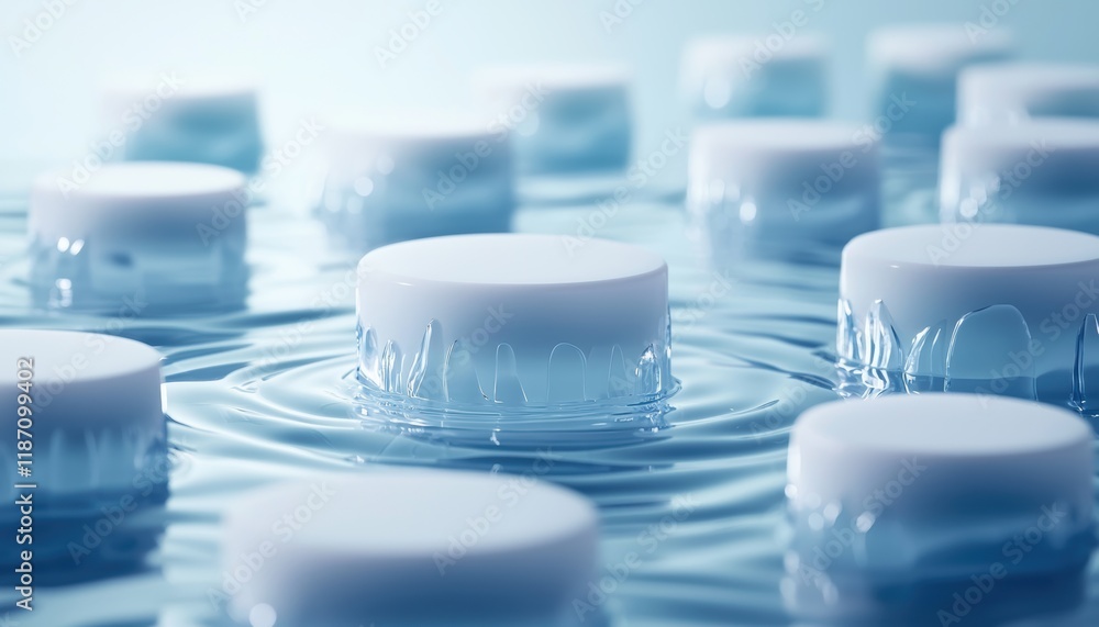 Poster a serene arrangement of circular containers floating in water, creating a calming visual with gentle