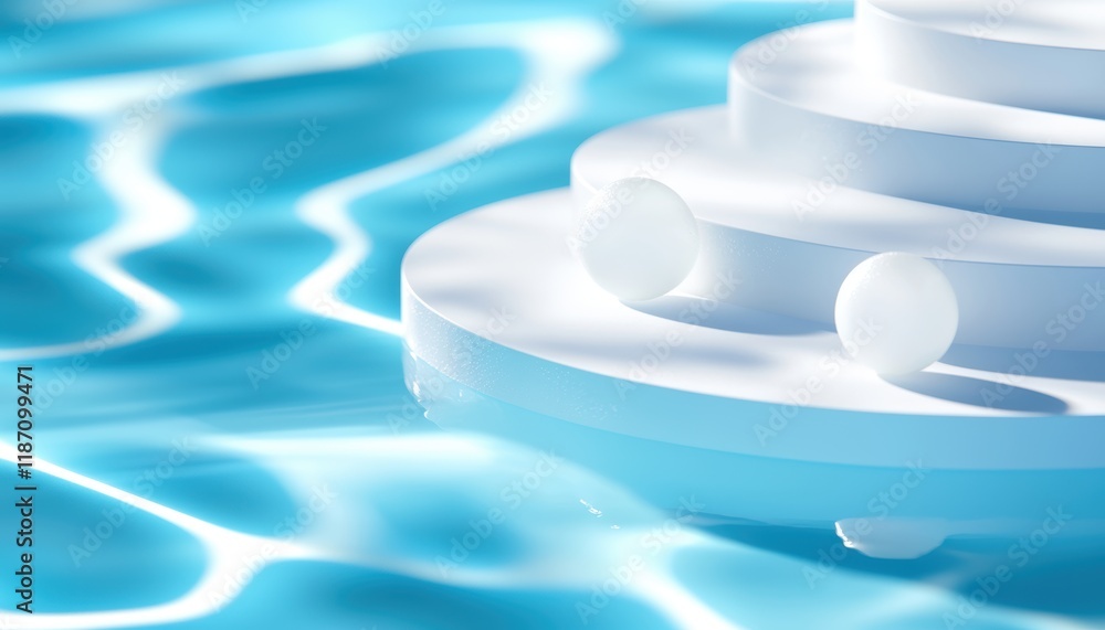 Poster a close-up of circular, white pool steps submerged in clear blue water, creating a serene and refres