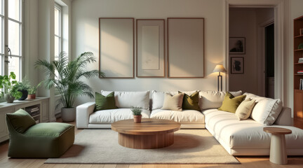 sunlit minimalist living room with olive green accents
