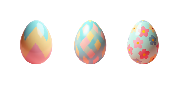 Set of three cute easter painted eggs with colorful pattern on transparent background in Kidcore style