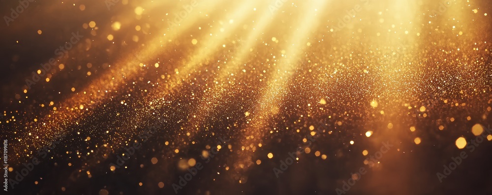 Poster a radiant display of golden light beams scattering through the air, creating a magical and ethereal 