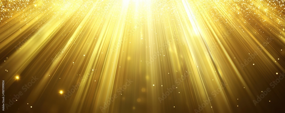 Poster a radiant display of golden light beams emanating from a central point, creating a shimmering and et