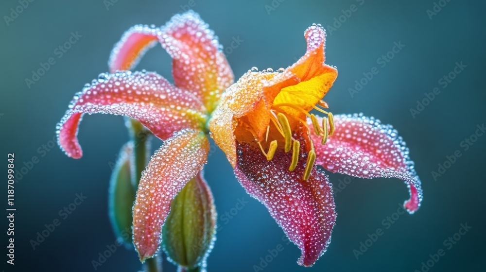 Poster a close-up of a colorful flower with dew-covered petals, captured with soft focus and a light mist i