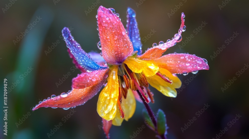 Poster a close-up of a colorful flower with dew-covered petals, captured with soft focus and a light mist i