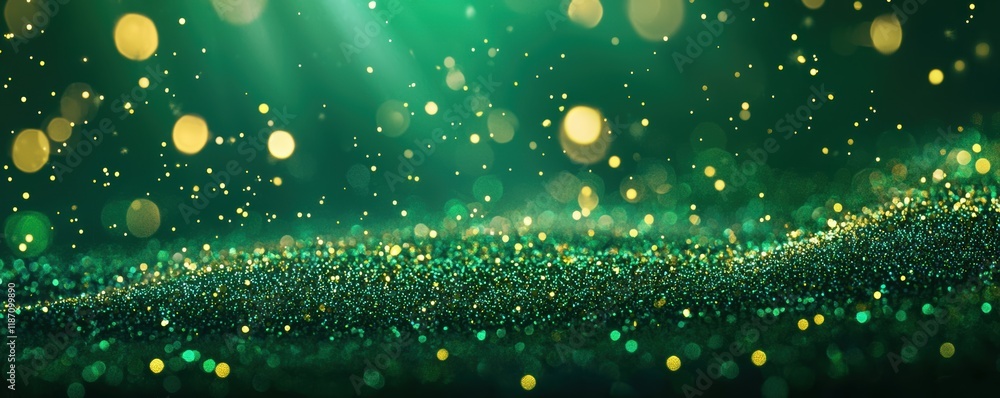 Poster a mesmerizing green background filled with shimmering particles, creating a magical and ethereal atm