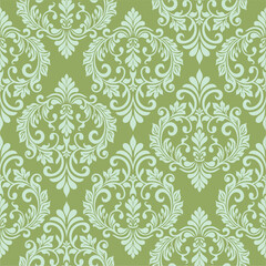 Damask seamless vector pattern. Classic old fashioned damask ornament, royal victorian seamless texture for wallpaper, textile, packaging. Baroque floral pattern light green.