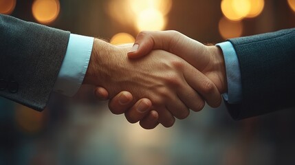 Businessmen shaking hands in city with blurred background lights, ideal for partnership concepts.