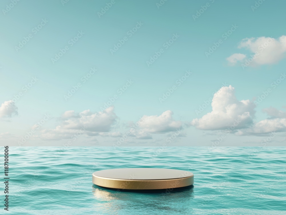 Poster a serene scene featuring a circular platform floating on calm waters under a clear blue sky with flu