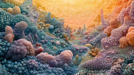 Fototapeta premium Colorful bacterial landscape showcasing intricate forms and textures in vibrant hues during a serene setting. Generative AI
