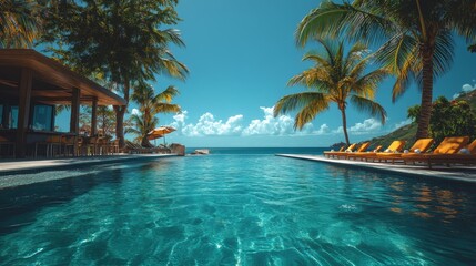 Obraz premium A serene setting features a crystal clear pool surrounded by palm trees, lounge chairs, and a breathtaking view of the ocean under a bright blue sky.