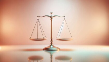 Golden scales of justice, balanced, symmetrical, soft lighting, pink and peach gradient background, legal symbol, 3D rendering, metallic texture, conceptual image, law and order, equality, fairness, j