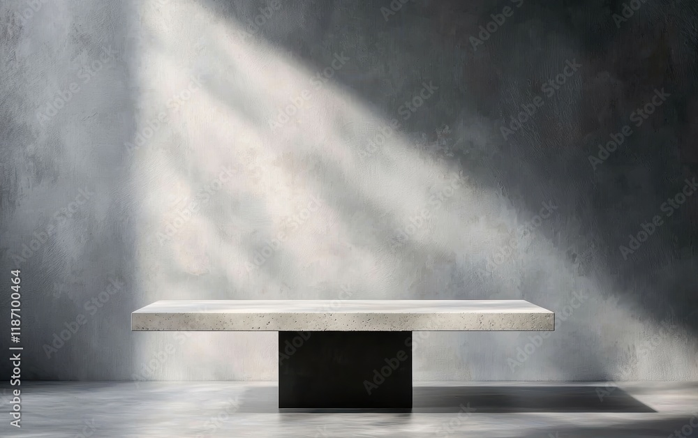 Poster a minimalist concrete table sits under soft beams of light, casting subtle shadows in a serene, mute