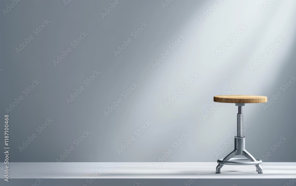 Poster a minimalist image featuring a wooden stool on a simple surface, illuminated by soft light against a