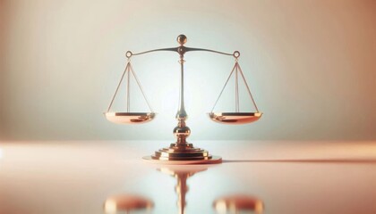Golden scales of justice, balanced, symmetrical, soft lighting, pink and peach gradient background, legal symbol, 3D rendering, metallic texture, conceptual image, law and order, equality, fairness, j