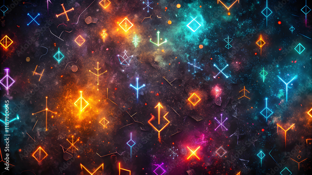 Poster mystical glowing rune pattern on a cosmic backdrop creating an ethereal atmosphere