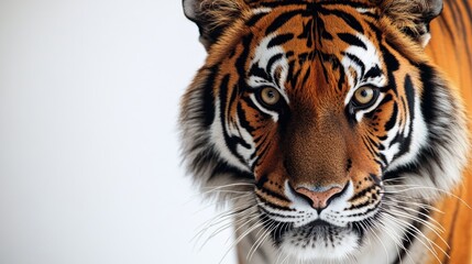 Obraz premium Close-up of a tiger face with vibrant orange and black stripes, its piercing gaze set against a pure white background