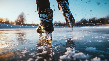 Ice skating outdoors on a frozen lake on a sunny day. Large plan of skates.