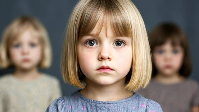 Intense stare of young girl with soft focused companions in background