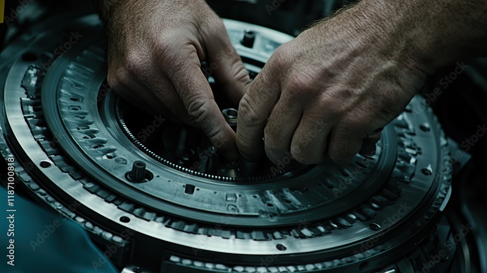 Poster hands carefully assembling complex machine gears