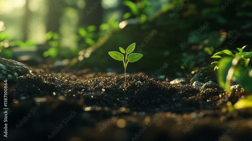 Poster a close-up of a tiny green seedling sprouting from rich, dark soil, illuminated by soft sunlight in 