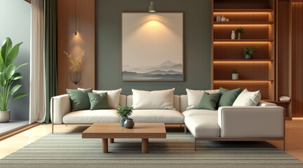 modern living room interior design with sectional sofa wooden accents