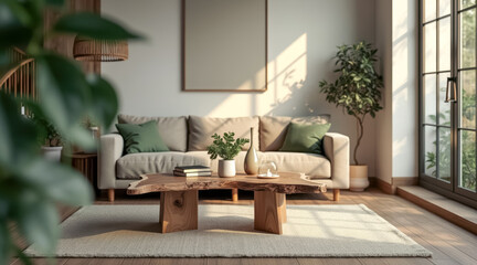 Obraz premium sunlit living room with wooden coffee table green accents