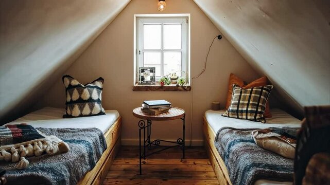 Cozy attic bedroom with two beds, blankets, pillows, and a small table with books.