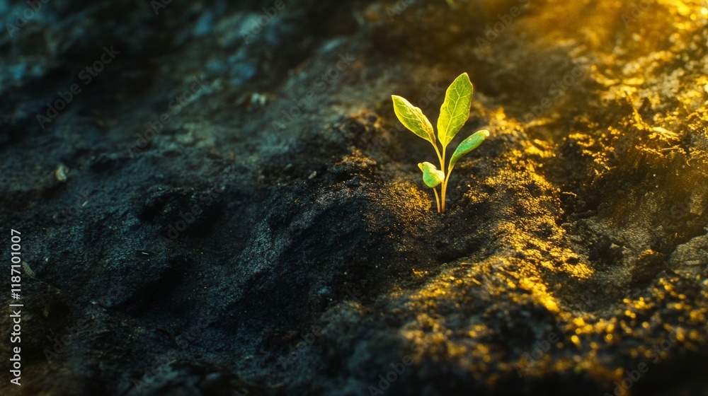 Poster a close-up of a tiny green seedling sprouting from rich, dark soil, illuminated by soft sunlight in 