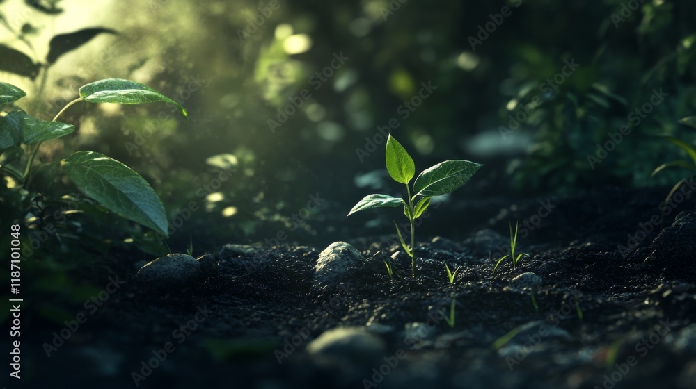 Poster a close-up of a tiny green seedling sprouting from rich, dark soil, illuminated by soft sunlight in 