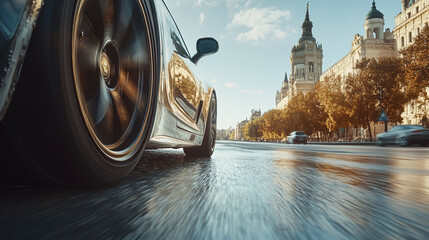 Naklejka premium Closeup low angle of a car tire passing by on dry asphalt road in summer season, warm weather. automobile vehicle wheel on the street, safe road transportation driving.
