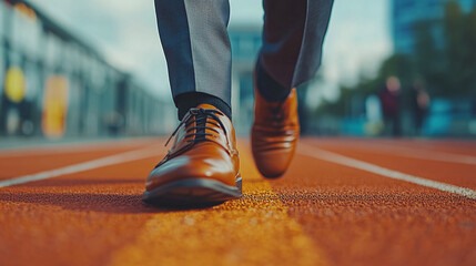 Closeup of a businessman in an elegant suit getting ready to run on an orange running tracks outdoors. leadership challenge for the ceo executive of the company concept, start line, determination.