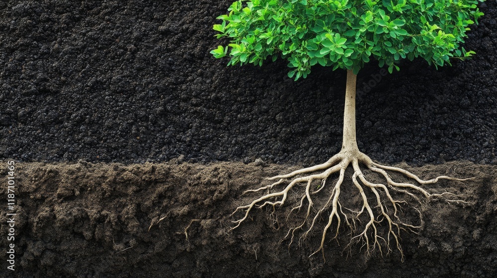 Poster a close-up of a young tree's roots taking hold in the earth, highlighting its stability and connecti