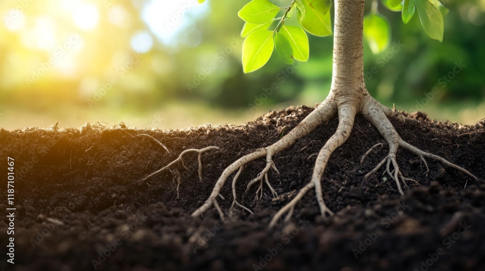 Poster a close-up of a young tree's roots taking hold in the earth, highlighting its stability and connecti