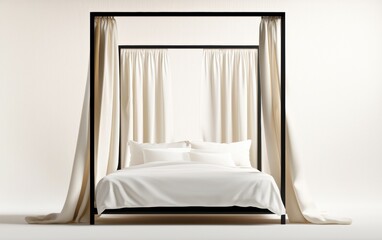 A minimalist four-poster bed with soft white bedding and light curtains, set against a neutral background, creating a serene and elegant atmosphere.