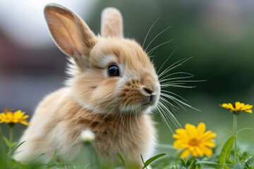 Fototapeta premium Close-up of rabbit sitting in lush green field, surrounded by blooming wildflowers, springtime vibe