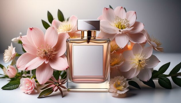 floral perfume packaging mockup flowers background