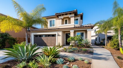 Fototapeta premium Two-story house with stucco exterior, palm trees, and drought-tolerant landscaping.