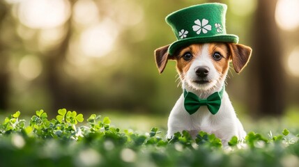 Adorable Puppy Wearing Green Leprechaun Hat And Bowtie